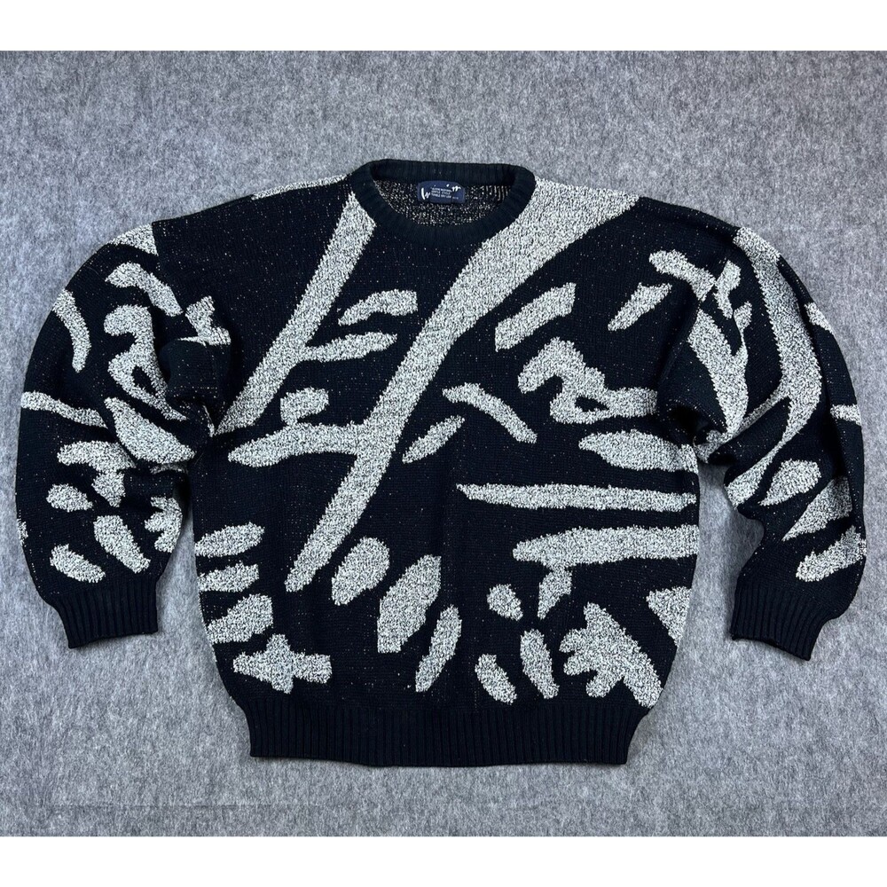 Vtg Interim Men's Knit Sweater Black and Gray Long Sleeve Crewneck Size Large